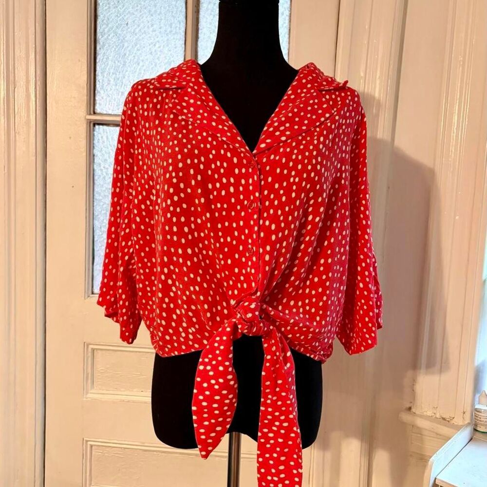 Cherry Red and White Polka Dot Tie Front Crop Top Button-Up Shirt